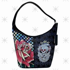Ed Hardy “Love Kills Slowly” Colorful Graphic Hobo Tote with Rhinestones